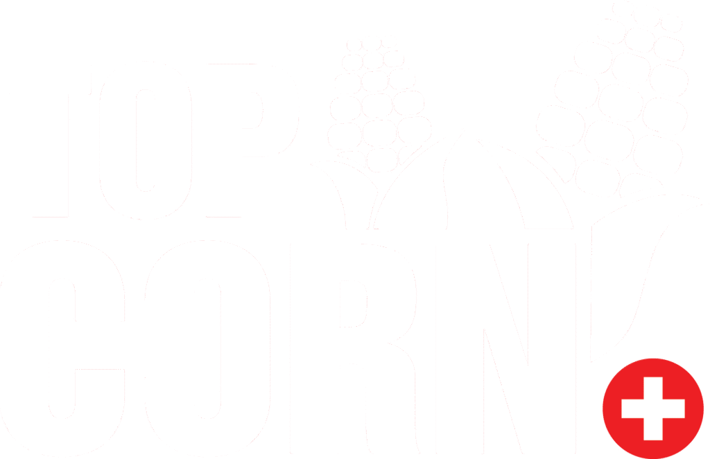 TOPCORN Logo in Weiss mit Schweizerkreuz unten rechts